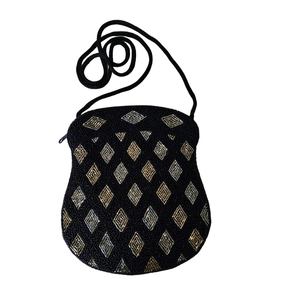 Vintage Black Jet Beaded Evening Bag Crossbody Diamond Pattern